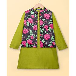 Pine Kids Woven Full Sleeves Floral Printed Kurta & Pyjama Set With Nehru Jacket - Lime Green