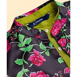 Pine Kids Woven Full Sleeves Floral Printed Kurta & Pyjama Set With Nehru Jacket - Lime Green