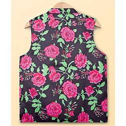 Pine Kids Woven Full Sleeves Floral Printed Kurta & Pyjama Set With Nehru Jacket - Lime Green