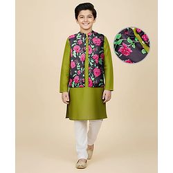 Pine Kids Woven Full Sleeves Floral Printed Kurta & Pyjama Set With Nehru Jacket - Lime Green