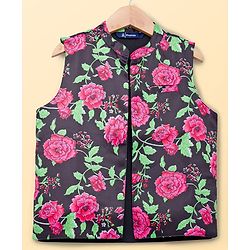 Pine Kids Woven Full Sleeves Floral Printed Kurta & Pyjama Set With Nehru Jacket - Lime Green