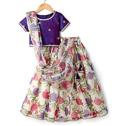 Pine Kids Woven Half Sleeves Floral Embroidered & Printed Lehenga Choli Set With Dupatta - Purple