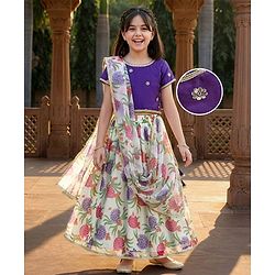 Pine Kids Woven Half Sleeves Floral Embroidered & Printed Lehenga Choli Set With Dupatta - Purple