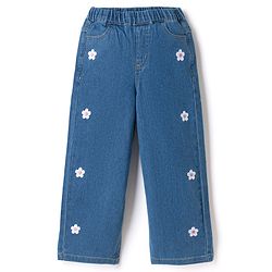 Pine Kids Denim Woven Full Length Jeans with Flower Embroidery in Navy Blue