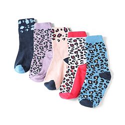 Pine Kids Cotton Knit Ankle Length Leopard Design Socks Pack of 5 - Pink Blue & Purple