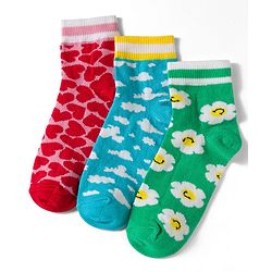 Pine Kids Knit Ankle Length Floral & Heart  Designed Socks Pack of 3- Multicolour