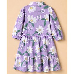 Pine Kids 100% Cotton Knit Full Sleeves One Piece Dress With Floral Print - Purple