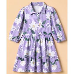 Pine Kids 100% Cotton Knit Full Sleeves One Piece Dress With Floral Print - Purple