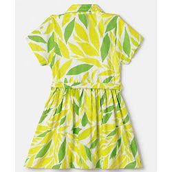 Pine Kids Cotton Knit Frock with Half Sleeves and Leaves Print - Yellow