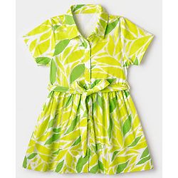 Pine Kids Cotton Knit Frock with Half Sleeves and Leaves Print - Yellow