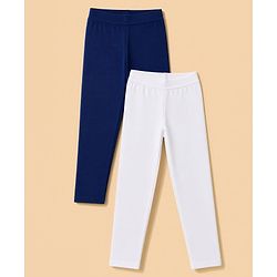 Pine Kids Cotton Lycra Knit Full Length Solid Colour Leggings Pack of 2 - White & Navy