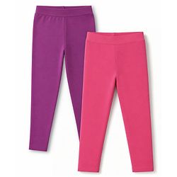 Pine Kids Cotton Lycra Knit Full Length Solid Leggings Pack Of 2 - Dark Pink & Purple