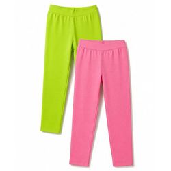 Pine Kids Cotton Lycra Knit Full Length Solid Colour Leggings Pack of 2 - Limegreen & Pink