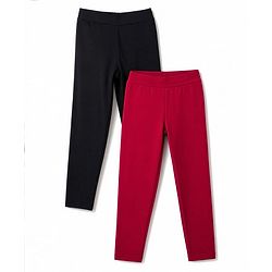 Pine Kids Cotton Lycra Knit Full Length Solid Colour Leggings Pack of 2 - Black & Maroon