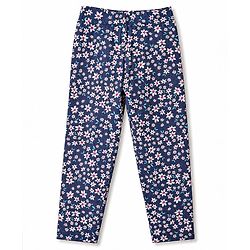 Pine Kids Cotton Lycra Knit Full Length Floral Printed Leggings - Navy Blue