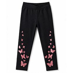 Pine Kids Cotton Lycra Knit Full Length Butterfly Glitter Printed Leggings - Black