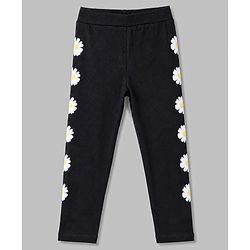 Pine Kids Cotton Lycra Knit Full Length Floral Printed Leggings - Black