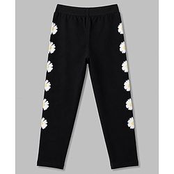 Pine Kids Cotton Lycra Knit Full Length Floral Printed Leggings - Black