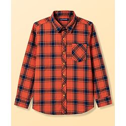 Pine Kids 100% Cotton Woven Full Sleeves Checked Shirt With Text Printed Tank T-Shirt - Orange