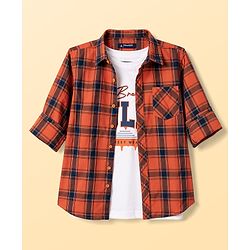 Pine Kids 100% Cotton Woven Full Sleeves Checked Shirt With Text Printed Tank T-Shirt - Orange