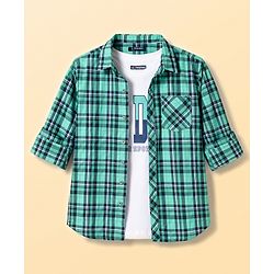 Pine Kids 100% Cotton Woven Full Sleeves Checked Shirt With Text Printed Tank T-Shirt - Green