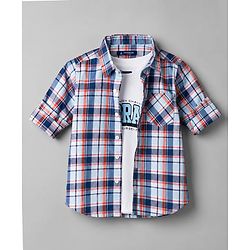 Pine Kids Cotton Woven Full Sleeves Checks Shirts and T-Shirt- Navy
