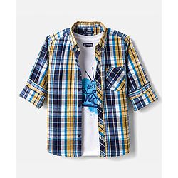 Pine Kids Cotton Woven Half Sleeves Checks Shirt With Printed T-Shirt - Multicolor