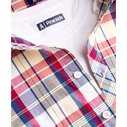 Pine Kids Cotton Woven Half Sleeves Checks Shirt With Printed T-Shirt - Multicolor