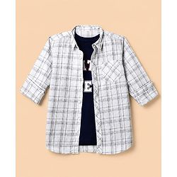 Pine Kids Cotton Woven Full Sleeves Checks Shirts & Text Printed T-Shirt - White