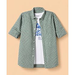 Pine Kids Cotton Woven Checks Twofer Shirt with Full Sleeves - Green