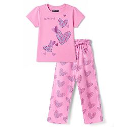 Pine Kids Cotton Knit Half Sleeves Hearts Printed Top & Pyjama Night Suit - Pink