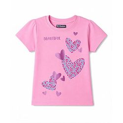 Pine Kids Cotton Knit Half Sleeves Hearts Printed Top & Pyjama Night Suit - Pink