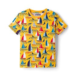 Pine Kids Cotton Knit Full Sleeves T-Shirt & Pyjama Co-Ord Night Suit With Boat Print - Yellow