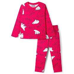 Pine Kids Cotton Knit Full Sleeves T-Shirt & Pyjama Co-Ord Night Suit With Bear Print - Red