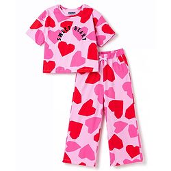 Pine Kids Cotton Knit Full Sleeves Co-Ords T-Shirt & Pajama Night Suit with Heart & Text Print- Pink