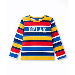 Pine Kids Cotton Knit Full Sleeves Striped Co-Ords T-Shirt & Pajama Night Suit with Text Print- Yellow