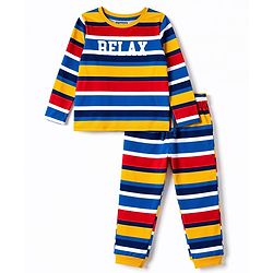 Pine Kids Cotton Knit Full Sleeves Striped Co-Ords T-Shirt & Pajama Night Suit with Text Print- Yellow