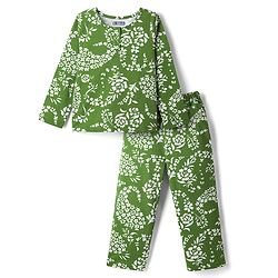 Pine Kids 100% Cotton Knit Full Sleeves Floral Printed Co-Ords T-Shirt & Pyjama Night Suit - Green