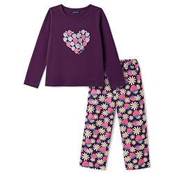 Pine Kids Cotton Knit Full Sleeves Heart & Floral Printed T-Shirt & Pajama Night Suit - Purple