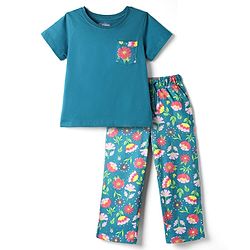 Pine Kids 100% Cotton Knit Half Sleeves Floral Printed T-Shirt & Pyjama Night Suit - Dark Green