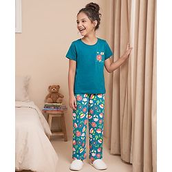 Pine Kids 100% Cotton Knit Half Sleeves Floral Printed T-Shirt & Pyjama Night Suit - Dark Green