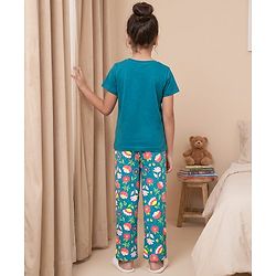 Pine Kids 100% Cotton Knit Half Sleeves Floral Printed T-Shirt & Pyjama Night Suit - Dark Green