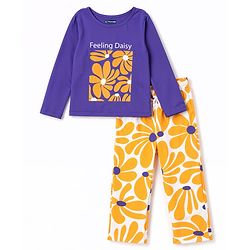 Pine Kids Cotton Knit Full Sleeves Floral Printed T-Shirt & Pajama Night Suit - Blue