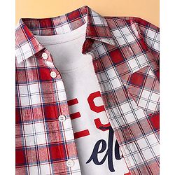 Pine Kids 100% Cotton Woven Half Sleeves Shirt and Tank Top Set with Best Together Text Print - Red