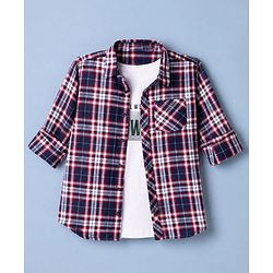 Pine Kids 100% Cotton Woven Full Sleeves Checks Shirts and T-Shirt With Always Foward Text Print - Red
