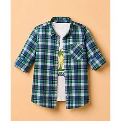 Pine Kids 100% Cotton Woven Full Sleeves Checked Shirt and T-shirt with Palm Trees Print - Blue
