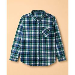 Pine Kids 100% Cotton Woven Full Sleeves Checked Shirt and T-shirt with Palm Trees Print - Blue