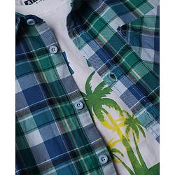 Pine Kids 100% Cotton Woven Full Sleeves Checked Shirt and T-shirt with Palm Trees Print - Blue