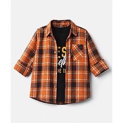 Pine Kids 100% Cotton Woven Full Sleeves Shirts with T-Shirt & Best Together As One Team Text Print - Orange