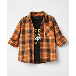 Pine Kids 100% Cotton Woven Full Sleeves Checks Shirts and T-Shirt With Best Together As One Team Text Print - Orange